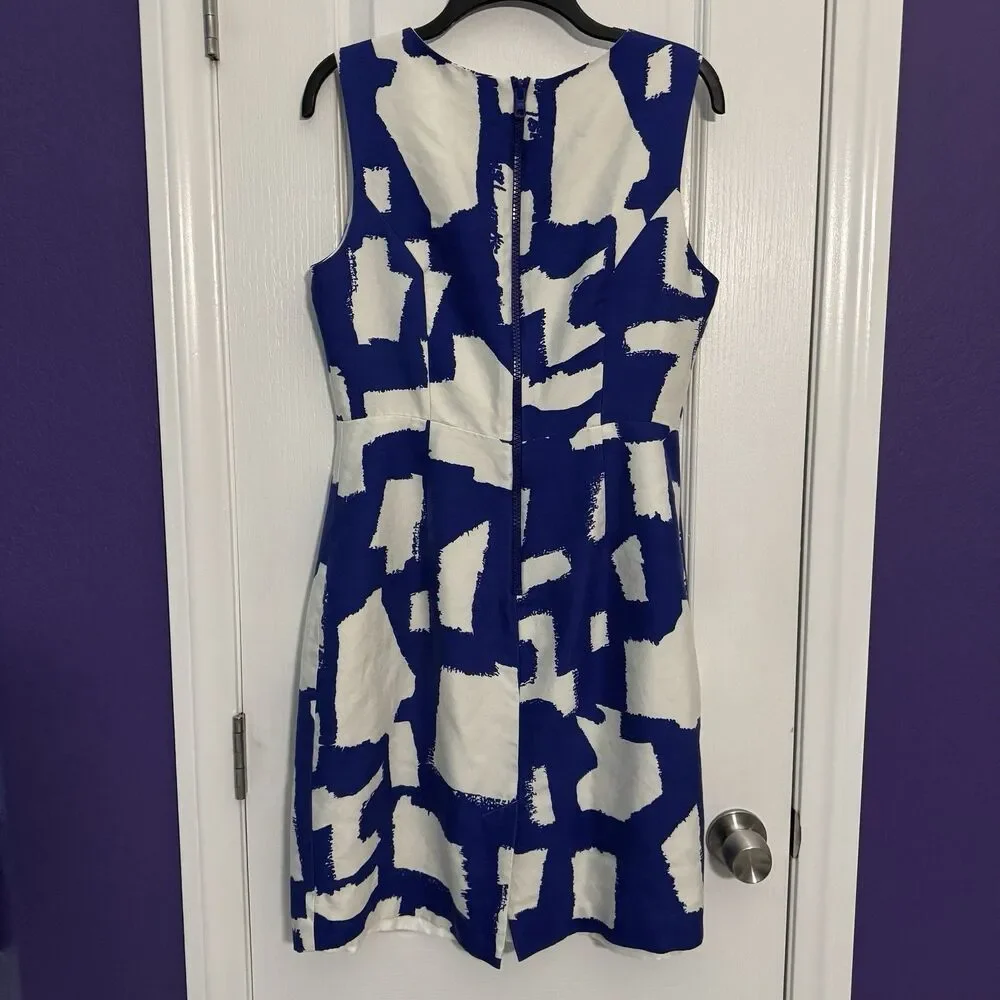 Kate Spade Abstract Print Cobalt White Cotton Silk Lined Dress Zip Size 10 - Picture 2 of 10